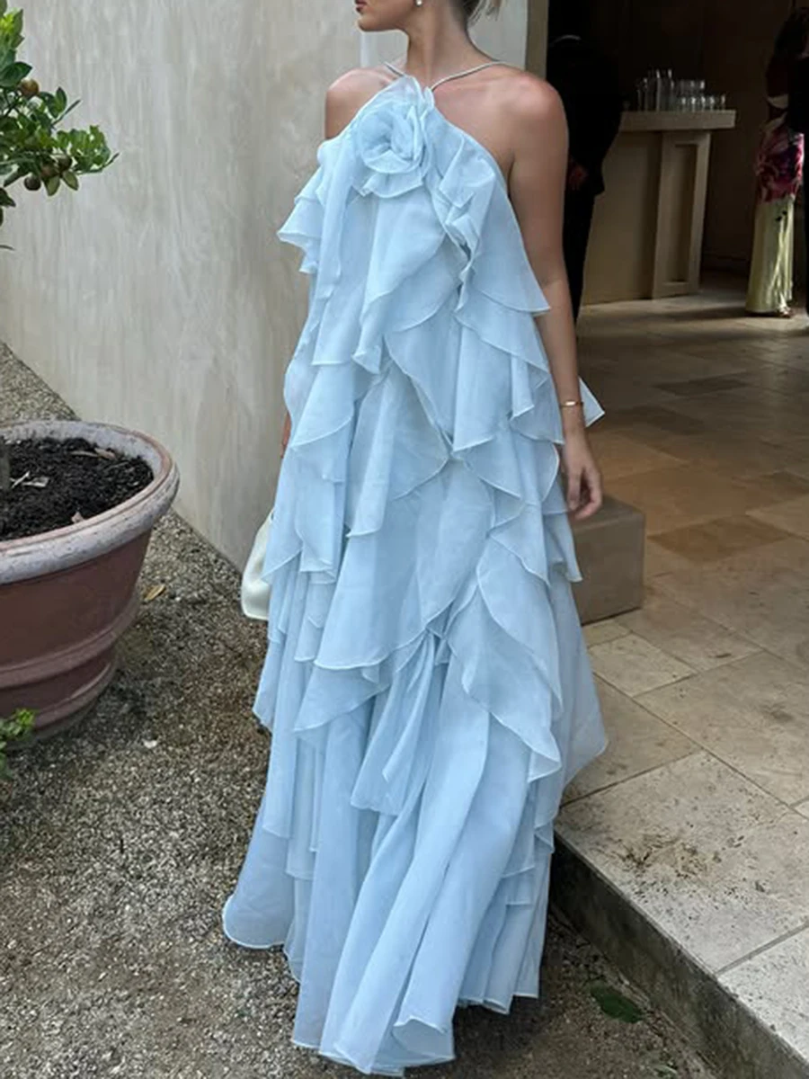 TWOTWINSTYLE, vestidos elegantes lisos con volantes empalmados para mujer, vestido suelto sin mangas con cuello Halter y cintura alta con espalda descubierta, moda femenina