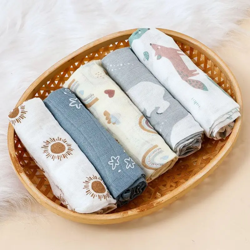 Happyflute-Toallas cuadradas de muselina de algodón y bambú, 60x60CM, juego de 5 piezas, toallitas de gasa suave para cara de bebé y baño, Baberos para bebé recién nacido