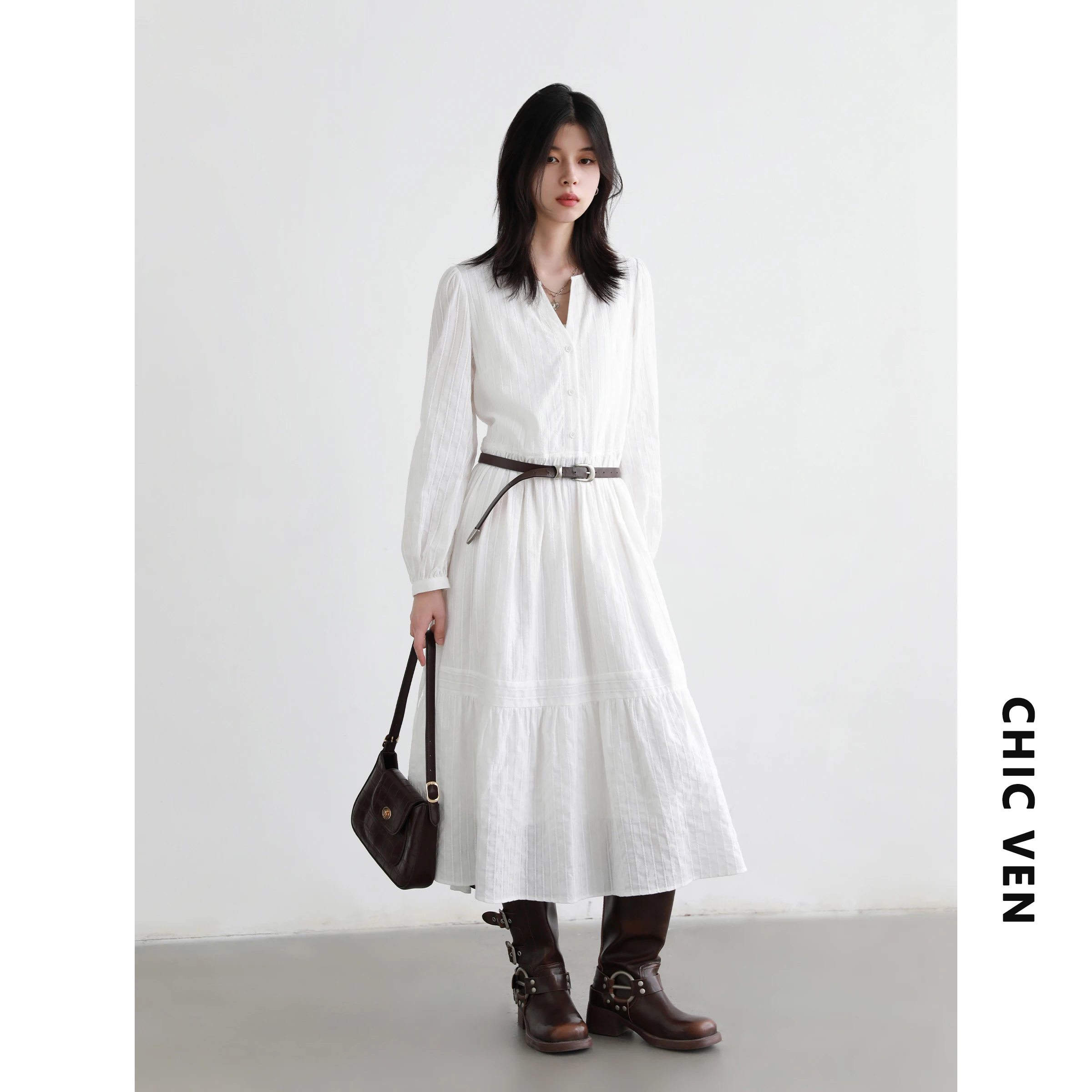 Conjunto de Vestido CHIC VEN para Mujer, Vestido Largo Casual Holgado de Manga Larga con Chaleco de Punto, Primavera Otoño 2026