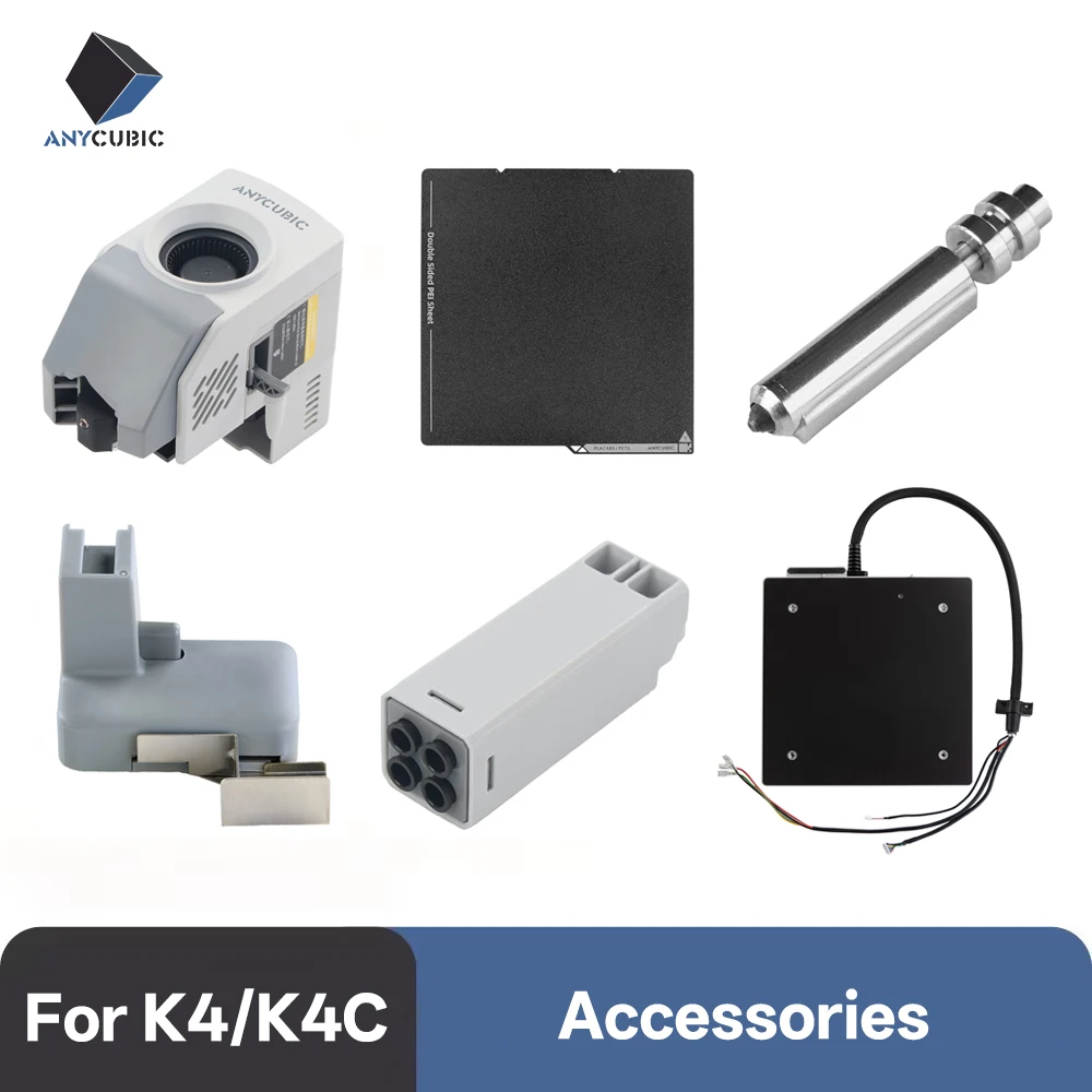 Accesorios para ANYCUBIC Kobra 4 Combo: cabezal de impresión Kobra 4, placa PEI, cama caliente, boquilla de 0,4/0,6/0,8 mm, limpiador de boquilla, cinta XY, soporte para filamento.