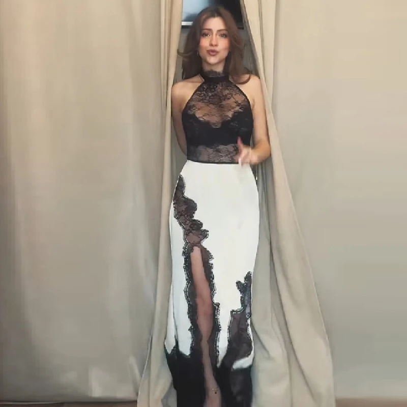 Vestido largo de encaje con espalda descubierta y tirantes, sexy, semitransparente, con abertura lateral alta, sin mangas, vestidos midi, elegantes vestidos de noche para damas, vestidos de fiesta.