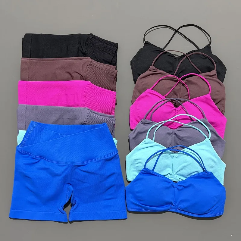 Conjunto de gimnasio de visión de 2 piezas para mujer, Top corto de Yoga, pantalones cortos sin costuras de cintura alta, sujetador de Fitness, traje deportivo, conjunto de entrenamiento