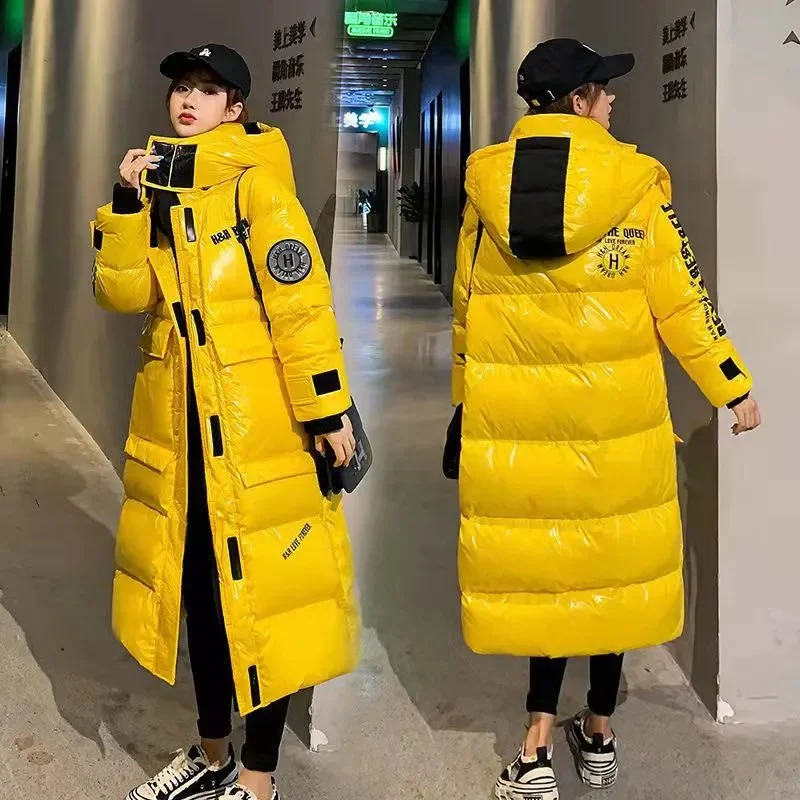 Abrigo Largo Casual con Capucha para Mujer, Negro Brillante, Estilo Parker, Cálido, Grueso, de Algodón con Relleno de Plumón, Resistente al Viento y a la Lluvia, para Invierno