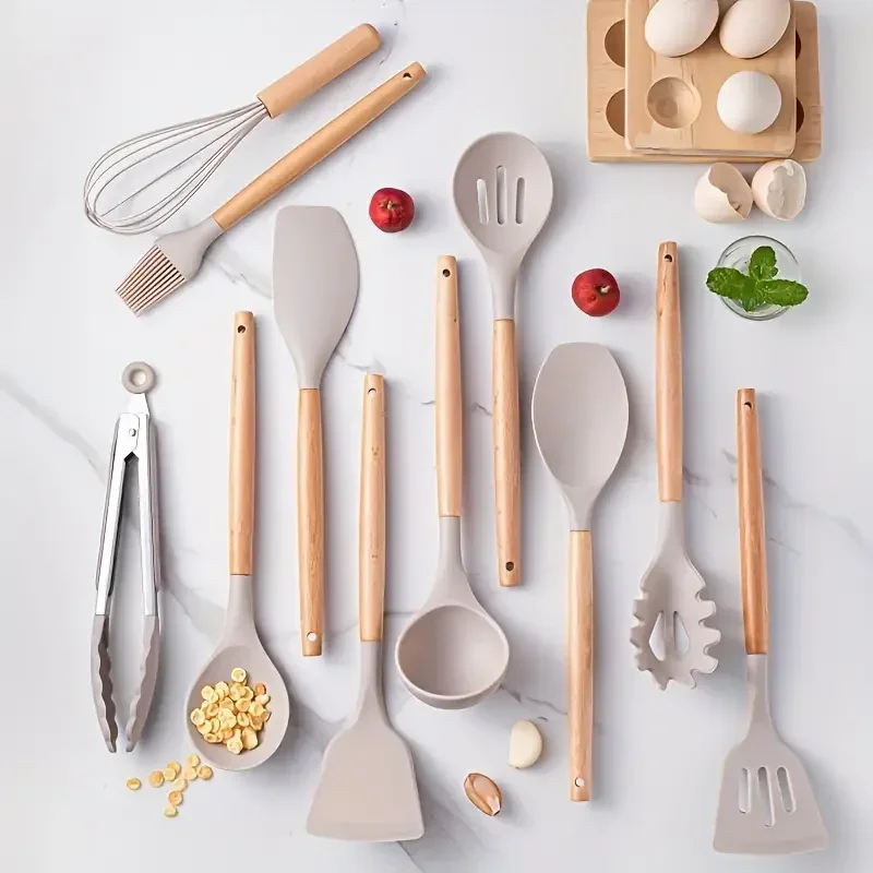 Juego de utensilios de cocina con mango de madera de silicona multicolor, juego de 12 piezas, olla antiadherente, espátula y cuchara, resistentes al calor