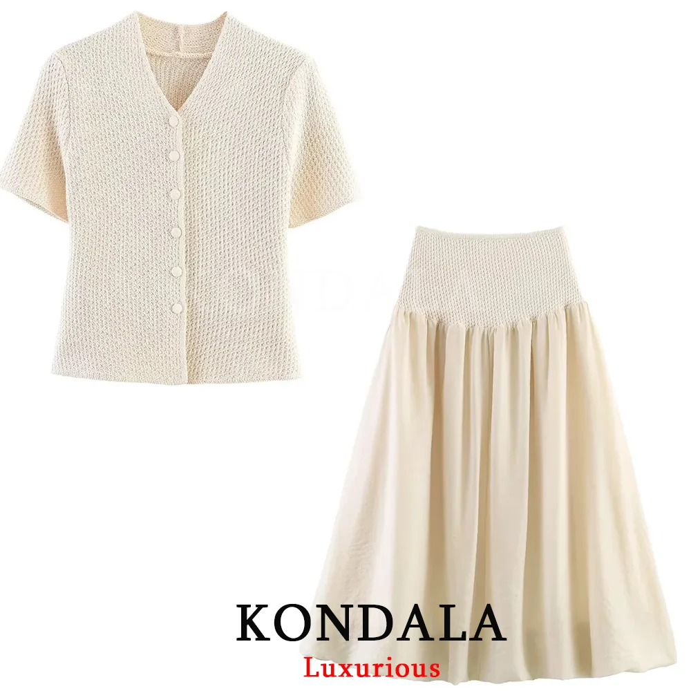 Conjunto Casual de Falda Tejida para Mujer KONDALA, Cárdigan de Manga Corta con Cuello en V y Botones, Falda Larga, Moda Verano 2026, Conjuntos Elegantes para Vacaciones