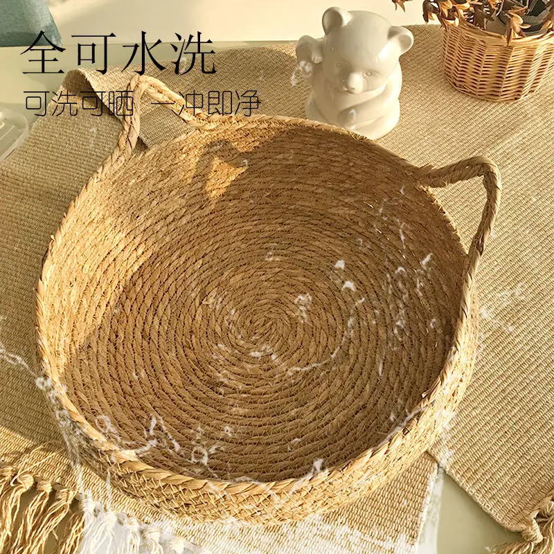 OUZEY-cesta tejida de mimbre para gatos, cama para gatos con cojín, suave y cálida, cama para cachorros y gatitos, Donut, redonda, cómoda, para dormir