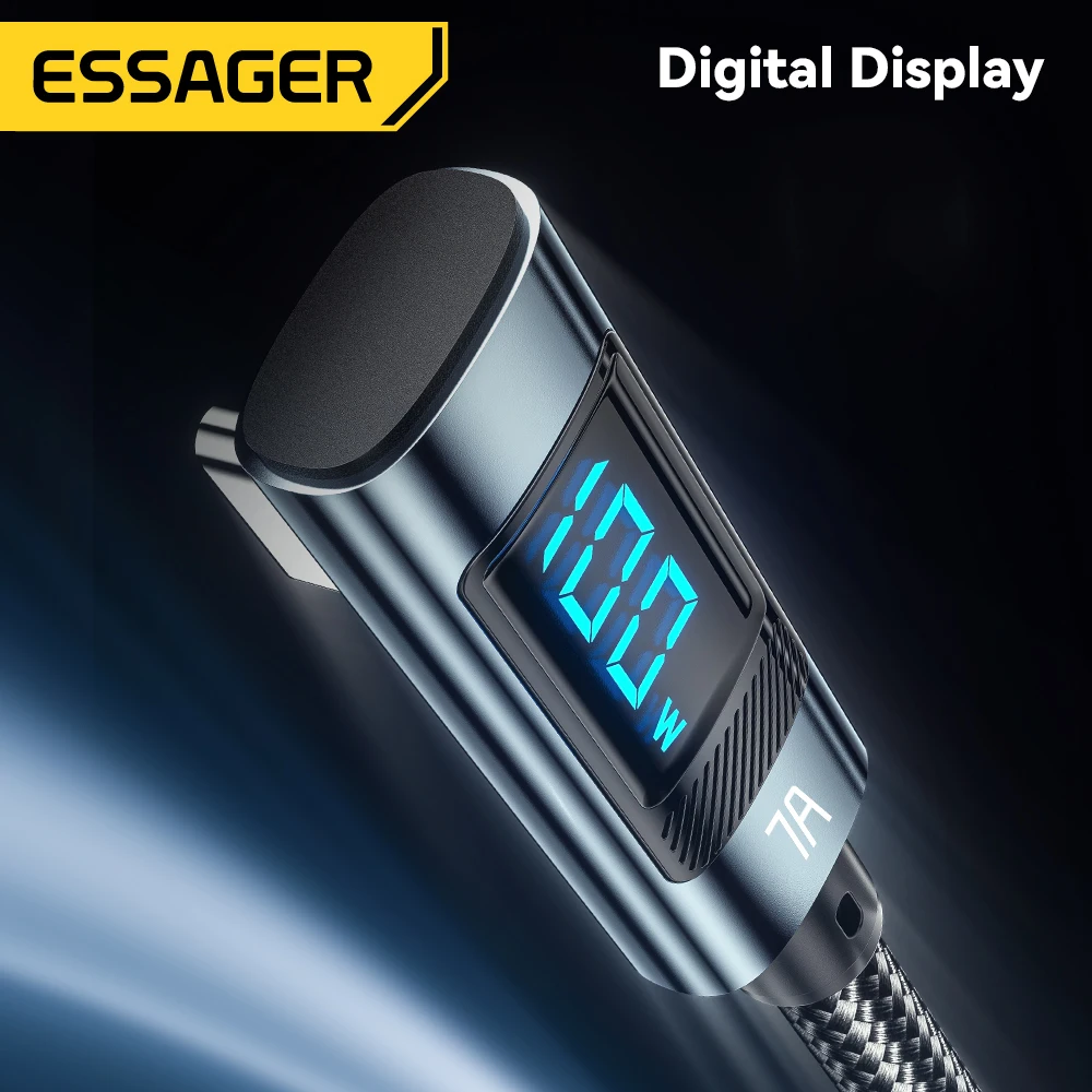 Essager 7A 100W Cable USB C carga rápida pantalla Digital codo tipo C Cable para Huawei Mate60 Pro Xiaomi Samsung Vivo Cable de datos