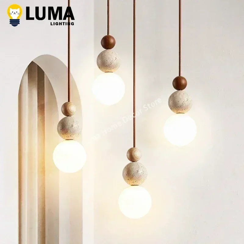 Luma-luces colgantes de travertino amarillo estilo crema, lámparas colgantes de madera de piedra natural para dormitorio, mesita de noche, restaurante, isla de cocina