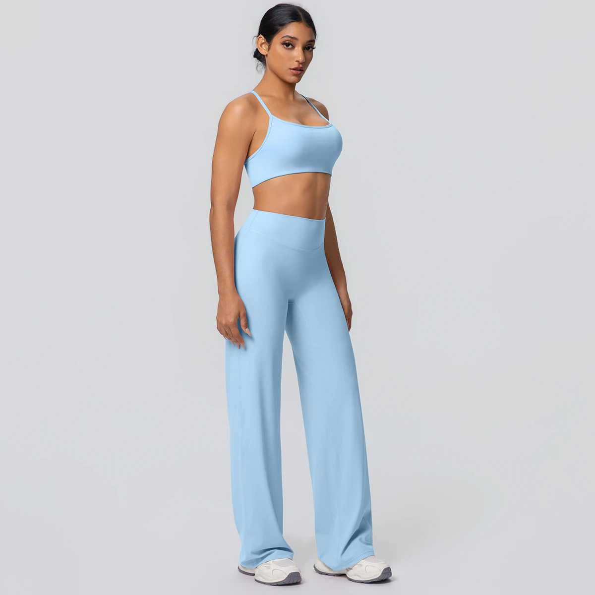 Traje de Yoga deportivo para gimnasio para mujer, ropa interior Sexy de espalda bonita con almohadilla para el pecho, pantalones de pierna ancha de cintura alta de Color sólido, conjunto de Yoga