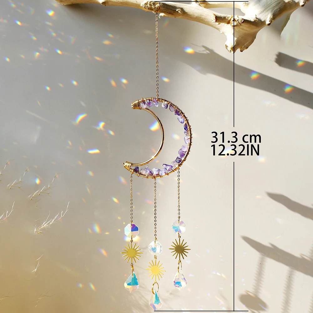Atrapasueños de amatista con piedras preciosas de cristal y Luna, atrapasueños para decoración del hogar, ventana de cristal de arcoíris, decoración de jardín y patio al aire libre