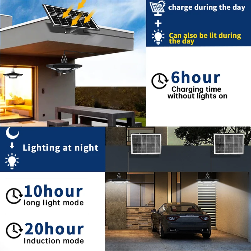 Lámpara Solar Colgante para Interiores y Exteriores, Luz con Mando a Distancia, Sensor de Movimiento, Foco para Garaje, Patio, Almacén, 180 Ledes, 5 Modos de Iluminación