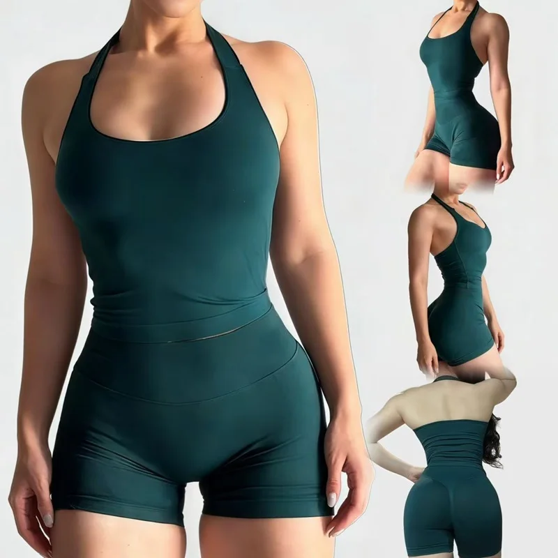 Conjunto Deportivo de 2 Piezas para Mujer, Top Halter con Tirantes, Shorts, Leggings Sin Costuras para Yoga, Gimnasio, Running y Fitness