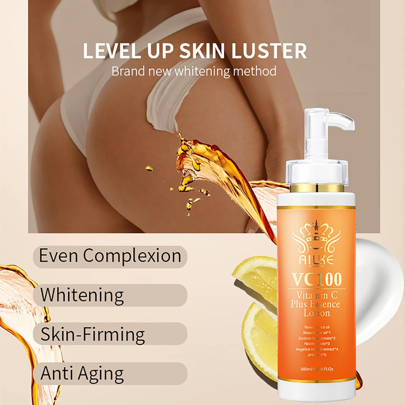 Loción Corporal Iluminadora con Vitamina C AILKE, Anti-Manchas, Crema Hidratante para Mujeres, con Niacinamida, Aceite de Rosas, Mejora la Piel Áspera