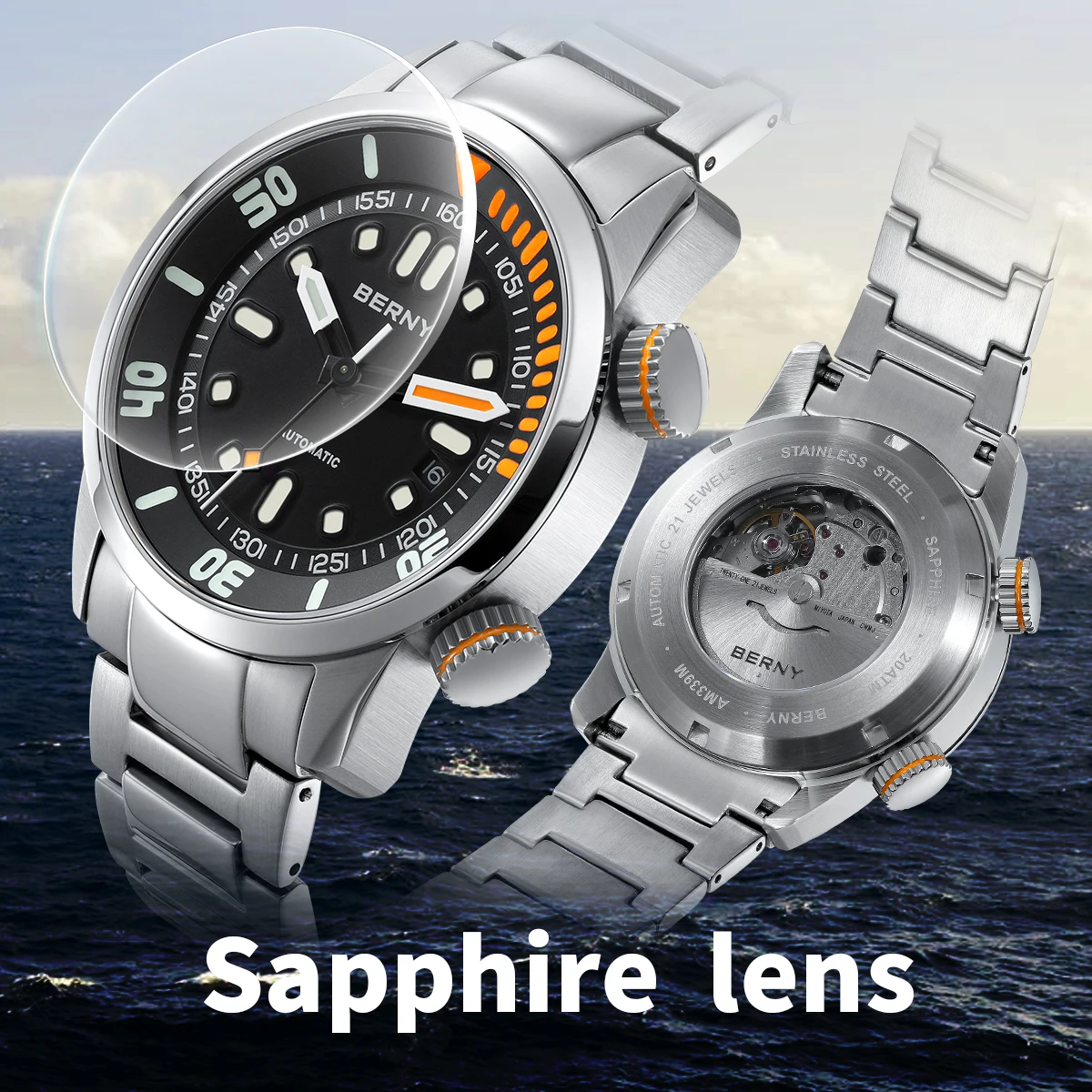 Reloj de buceo automático BERNY para hombre, reloj de pulsera superluminoso de 20 ATM, reloj mecánico deportivo de zafiro original para hombre