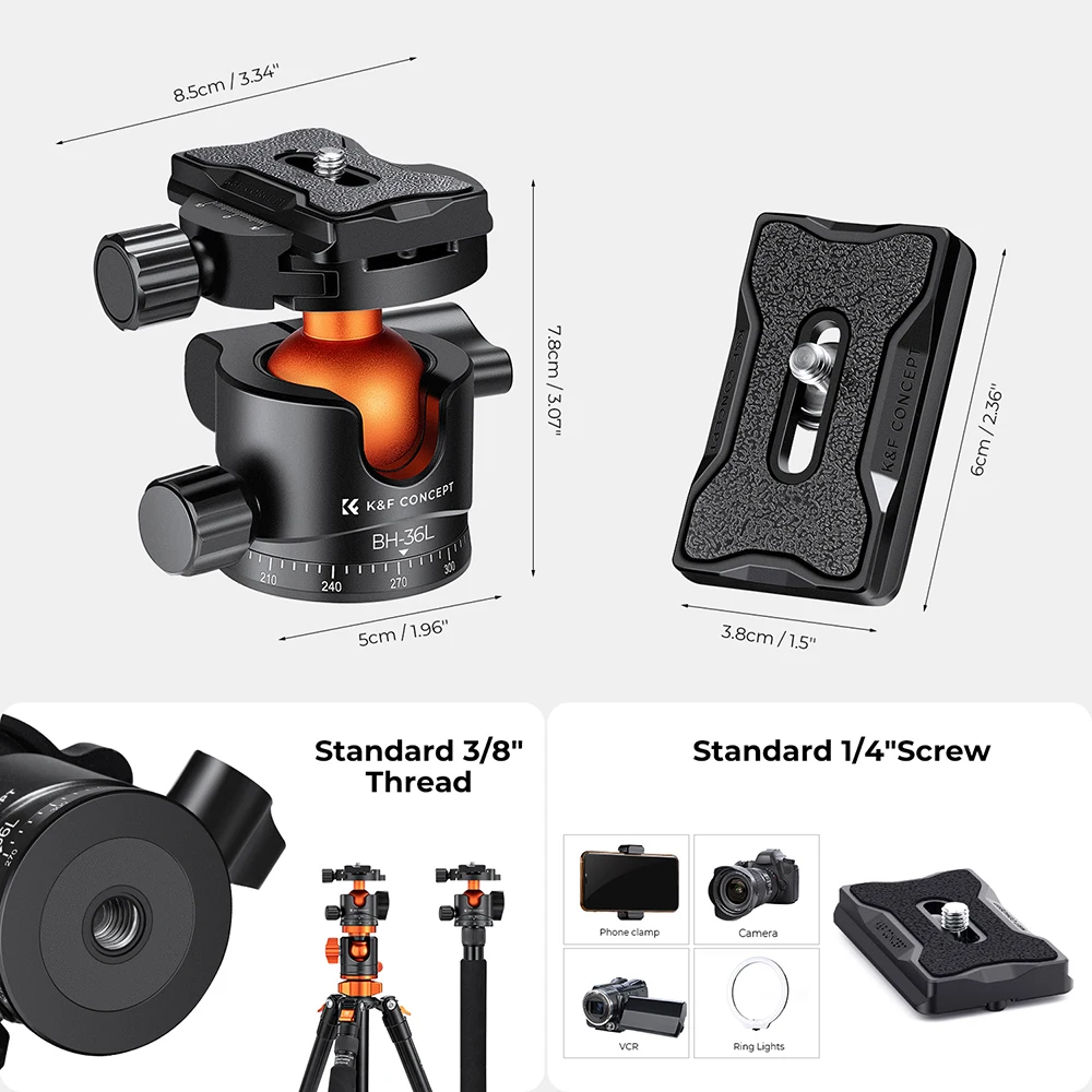 Adaptadores de cabezal esférico para trípodes K&F CONCEPT, cabezal esférico de 360 grados con liberación rápida de 1/4 de pulgada para trípodes DSLR, monopods y videocámaras.