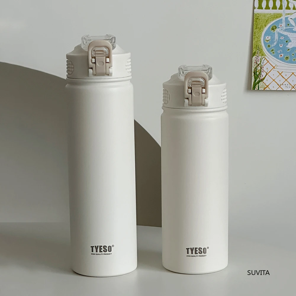 TYESO-botella de agua termo de 600ML/750ML con pajita, taza deportiva térmica de acero inoxidable para coche, mantiene el frío y el calor, taza de viaje térmica