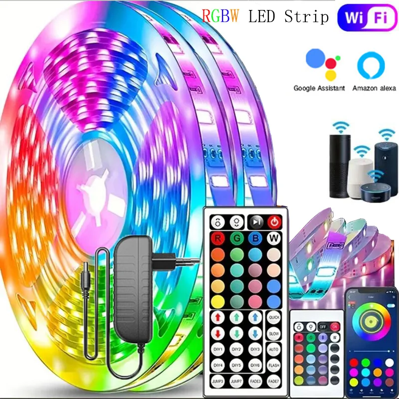 Tira de luces LED RGBW Bluetooth 5050 DC 12V RGB WIFI cinta Flexible diodo impermeable luz dormitorio TV ordenador conjunto + fuente de alimentación
