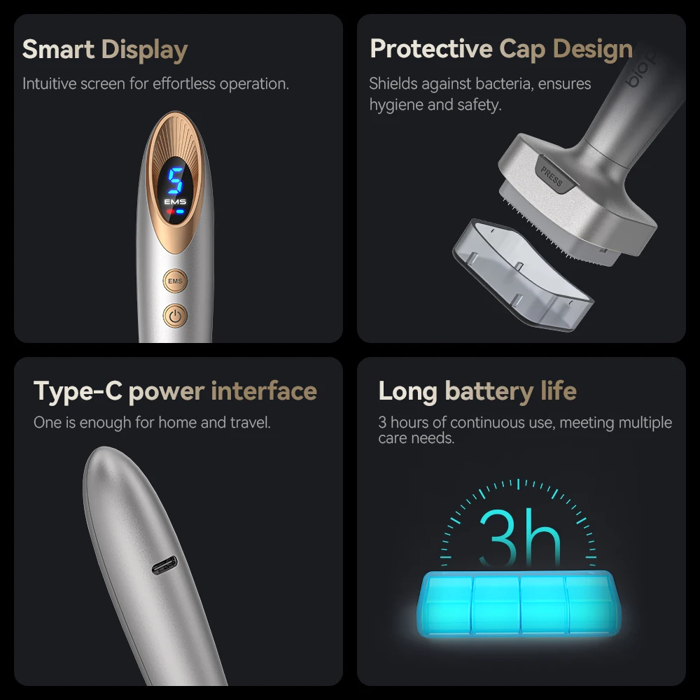 Hello Face Bio Pen: 250mAh, pantalla digital, 2 cabezales rodillos, luz LED roja/azul, 5 niveles EMS, sello de microagujas - Bio6 Negro Oro/Plata