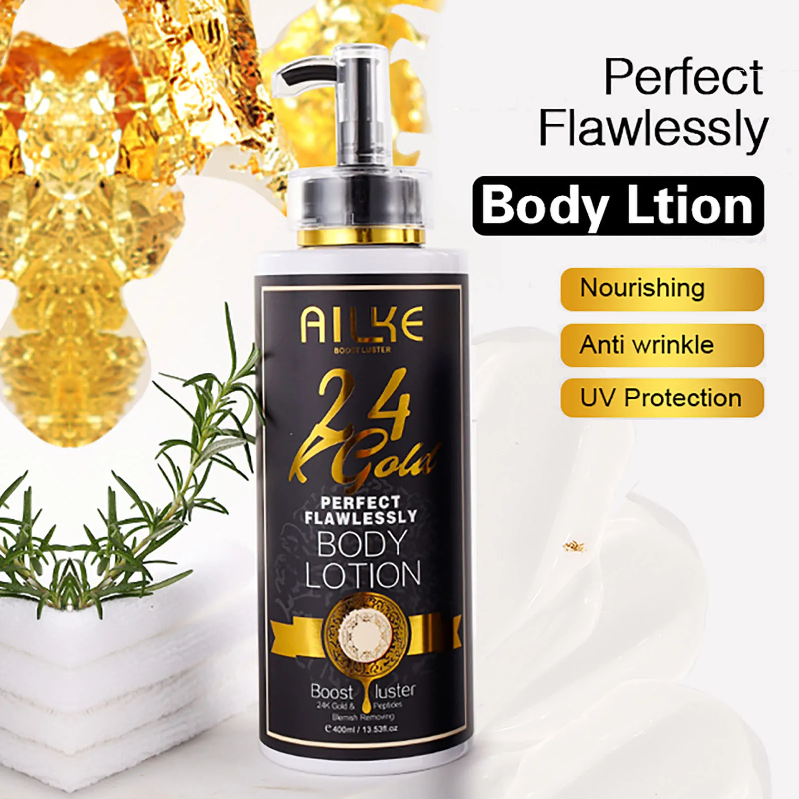 AILKE 24k Gold Loción corporal perfecta y impecable, blanqueadora, inhibe la melanina, hidratante, protección UV, con nicotinamida y vitamina C