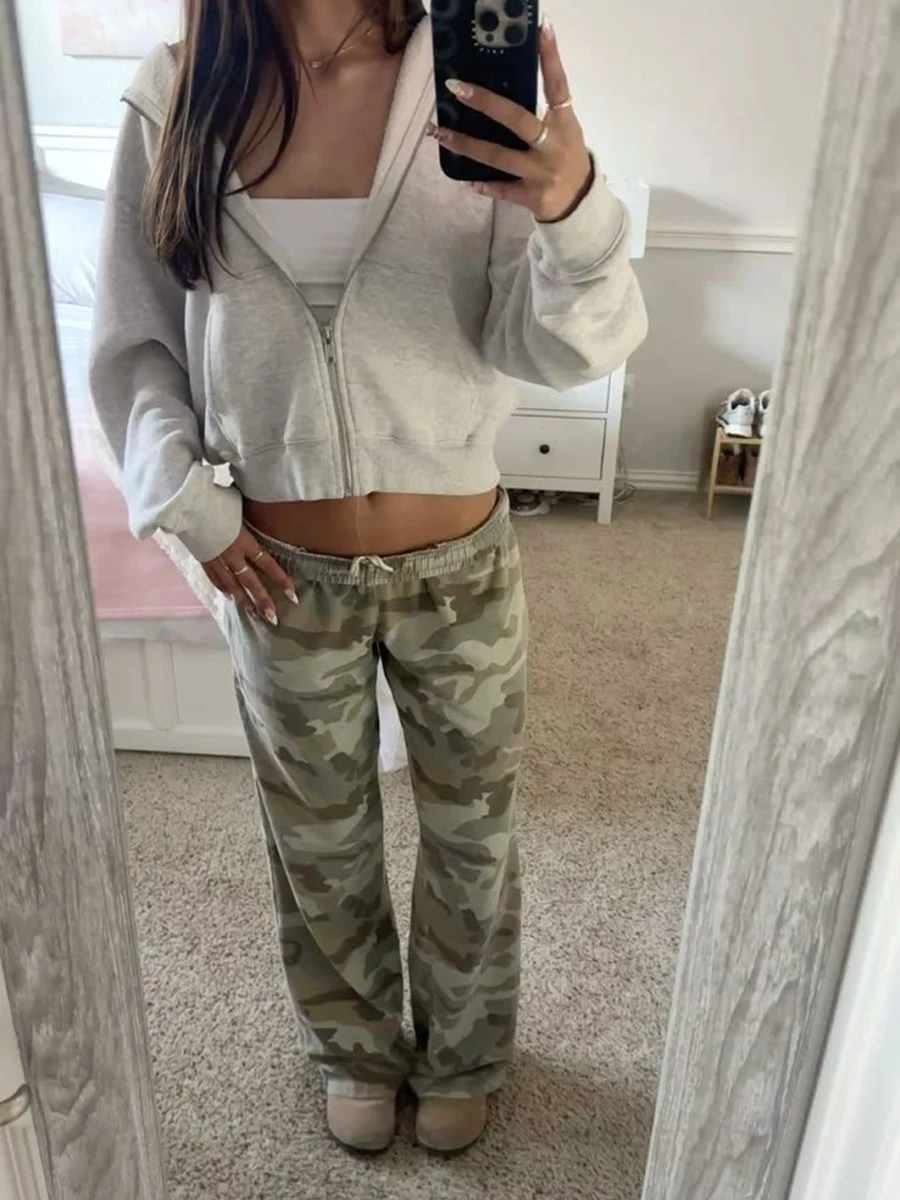 Pantalones Deportivos de Camuflaje con Cordón para Mujer, Pantalones Rectos con Cintura Elástica para Verano, Estilo Urbano Americano Vintage, Pantalones Holgados de Algodón Y2k