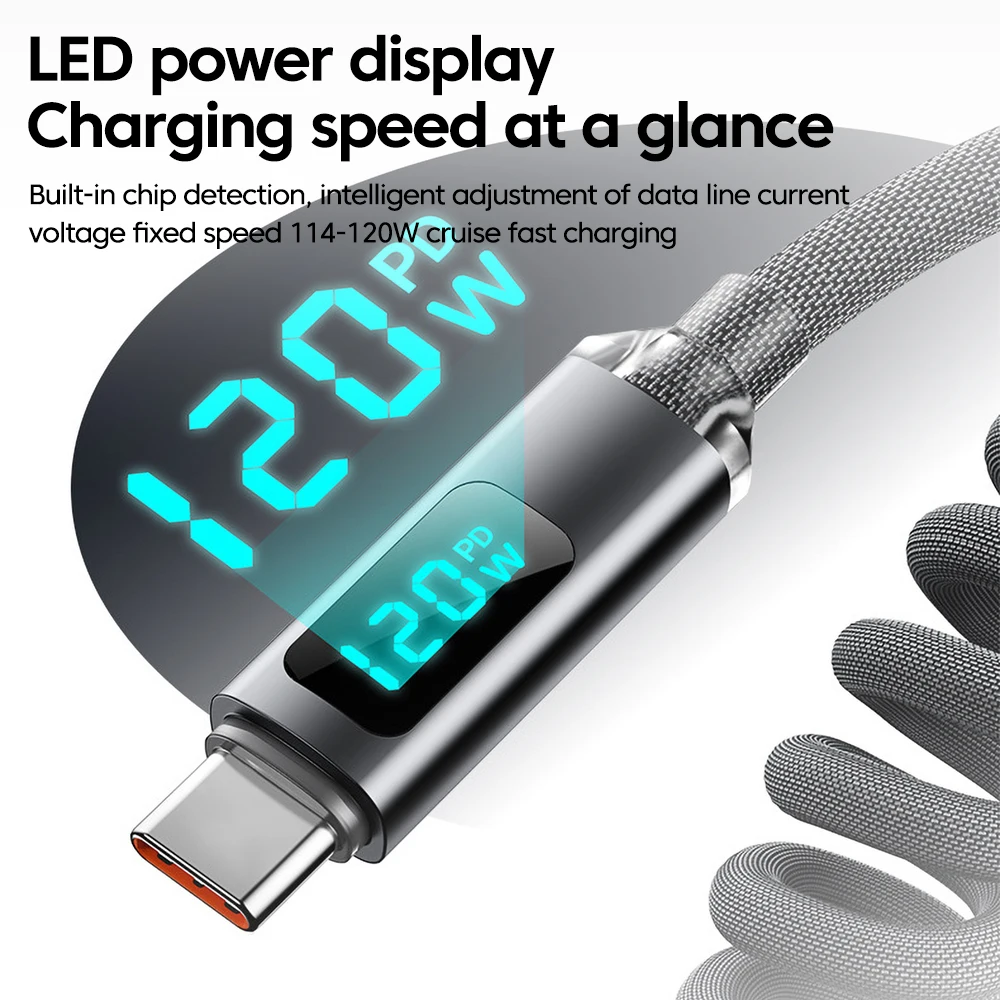 Cable retráctil para coche de 120W, resorte de pantalla Digital, Cable USB A tipo C a tipo C para Samsung iPhone 16, Cable cargador de carga rápida