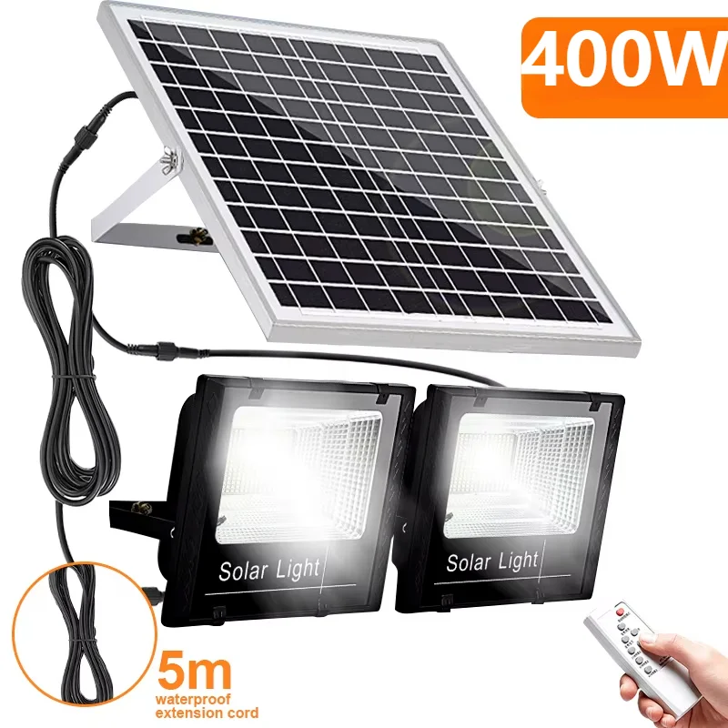 Luz Solar Led de 400W, luz de inundación de 2 cabezales de alto brillo, luz de pared impermeable para jardín al aire libre con panel solar de aluminio para jardín