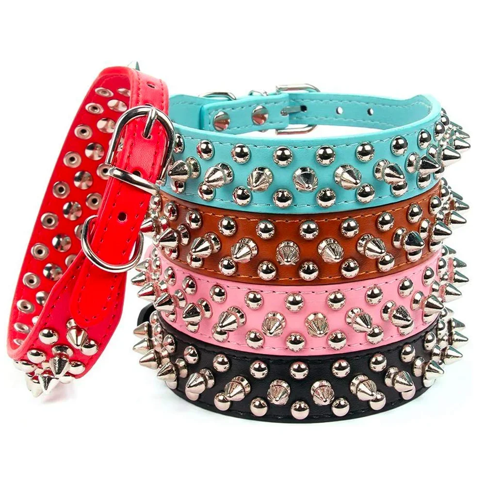 Collar de cuero ajustable para perro, correa para el cuello, suministros de cuero PU, remache Punk, Collar para perro con pinchos, collares para mascotas para perros pequeños y gatos