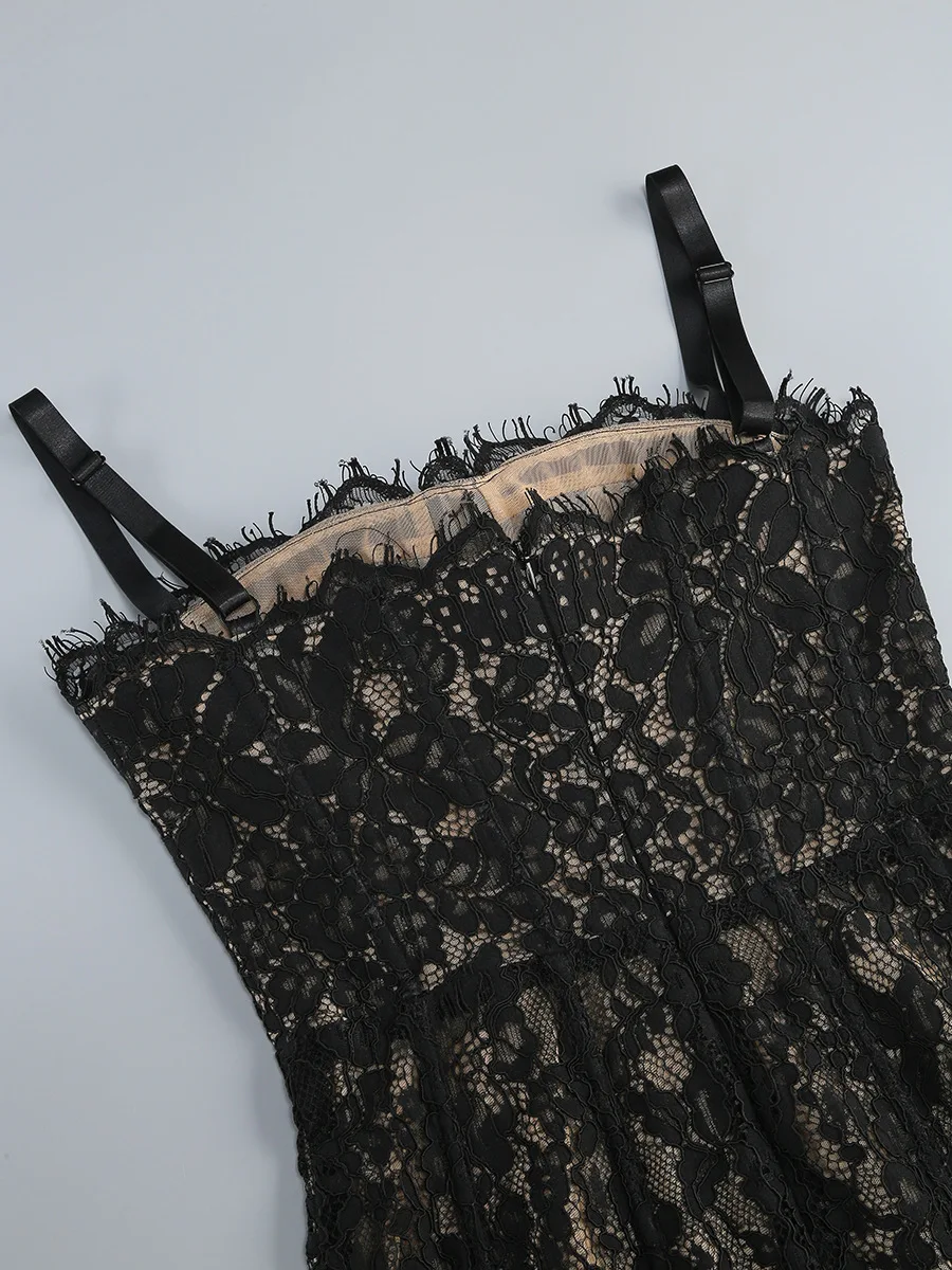 Vestido largo sexi de encaje con cuello cuadrado y tirantes finos para mujer, vestidos ajustados sin mangas de encaje Floral negro, vestidos elegantes de noche para celebridades