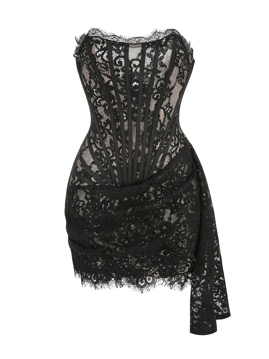 VC Vestido de Navidad para mujer Vestido corto sexy sin tirantes sin mangas de encaje rojo con cordones