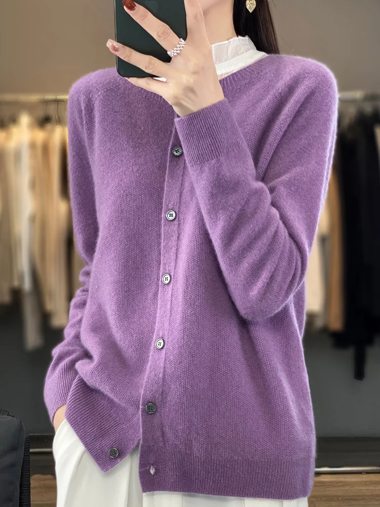 Cárdigans de lana merina de 100% para mujer, prendas de punto de manga larga con cuello redondo para otoño e invierno, ropa básica para mujer, Tops