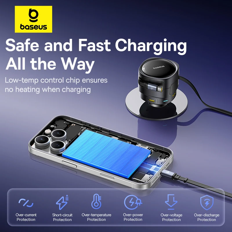 Baseus 90W cargador de coche tipo C iP Cable retráctil Dual cargador de teléfono PD QC SCP AFC PPS carga rápida para iPhone Samsung Xiaomi