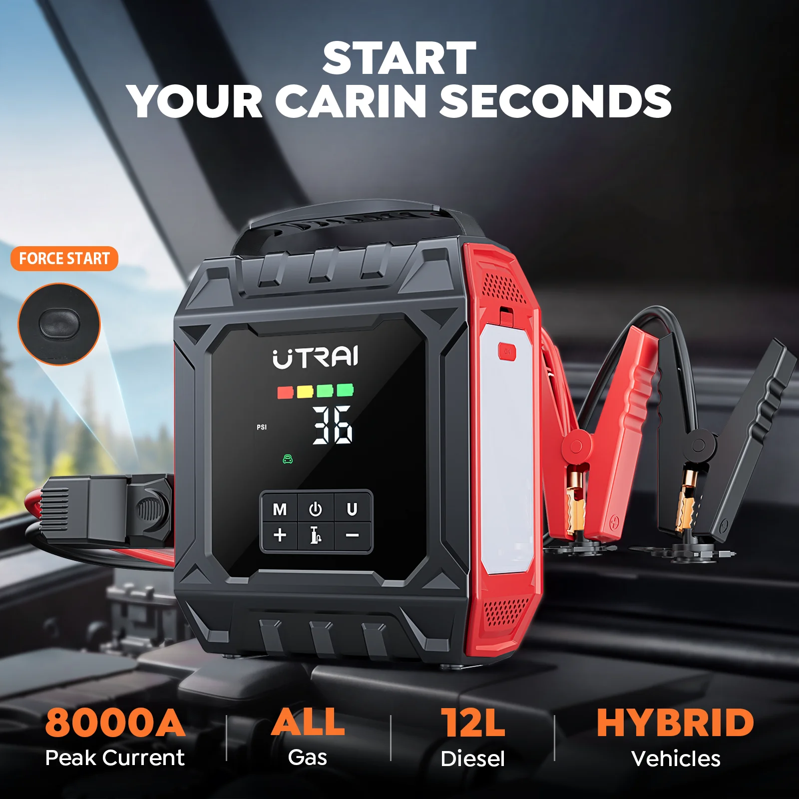 Arrancador de coches UTRAI 8000A con compresor de aire, panel de luz magnético extraíble y luces de camping para exteriores, arrancador de emergencia.