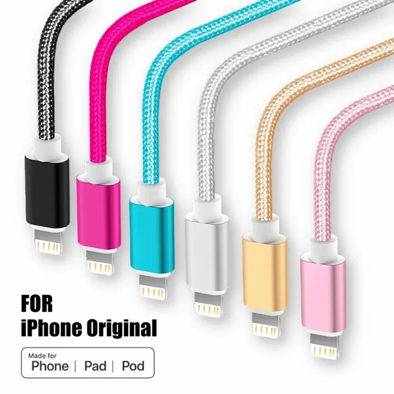 Cable cargador USB trenzado de nailon metálico para iPhone 14 8 7 6S Plus X XR XS 11 12 13 Pro Max iPad 9 Cable de datos de carga rápida 1m 2m 3m