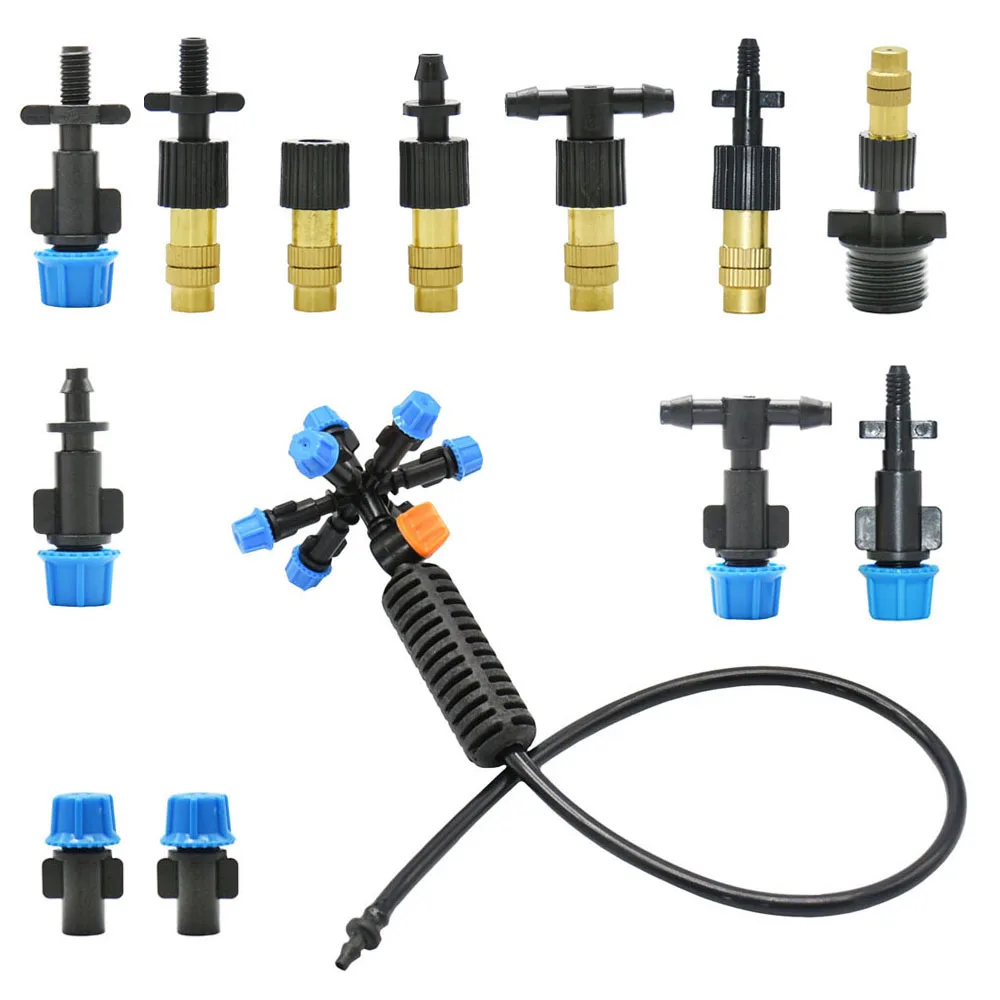 Boquillas de nebulización de latón ajustables, boquilla de niebla de cobre, sistema de riego por goteo con rociador de agua, conector de rosca de púas en T de 1/4"