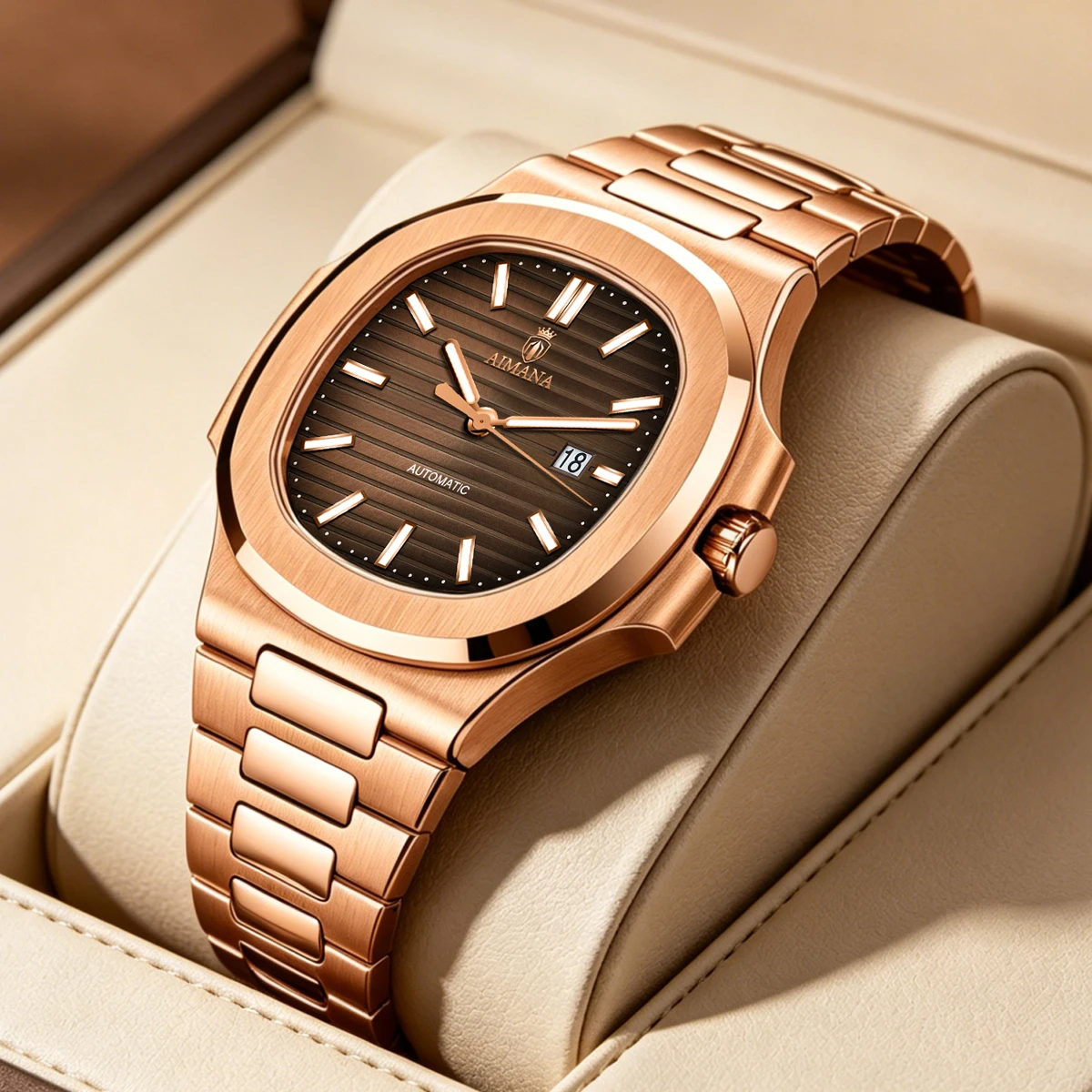 Reloj automático AIMANA de lujo para hombre, correa de acero inoxidable, resistente al agua, calendario luminoso con fecha, estilo Nautilus, color oro rosa, para negocios