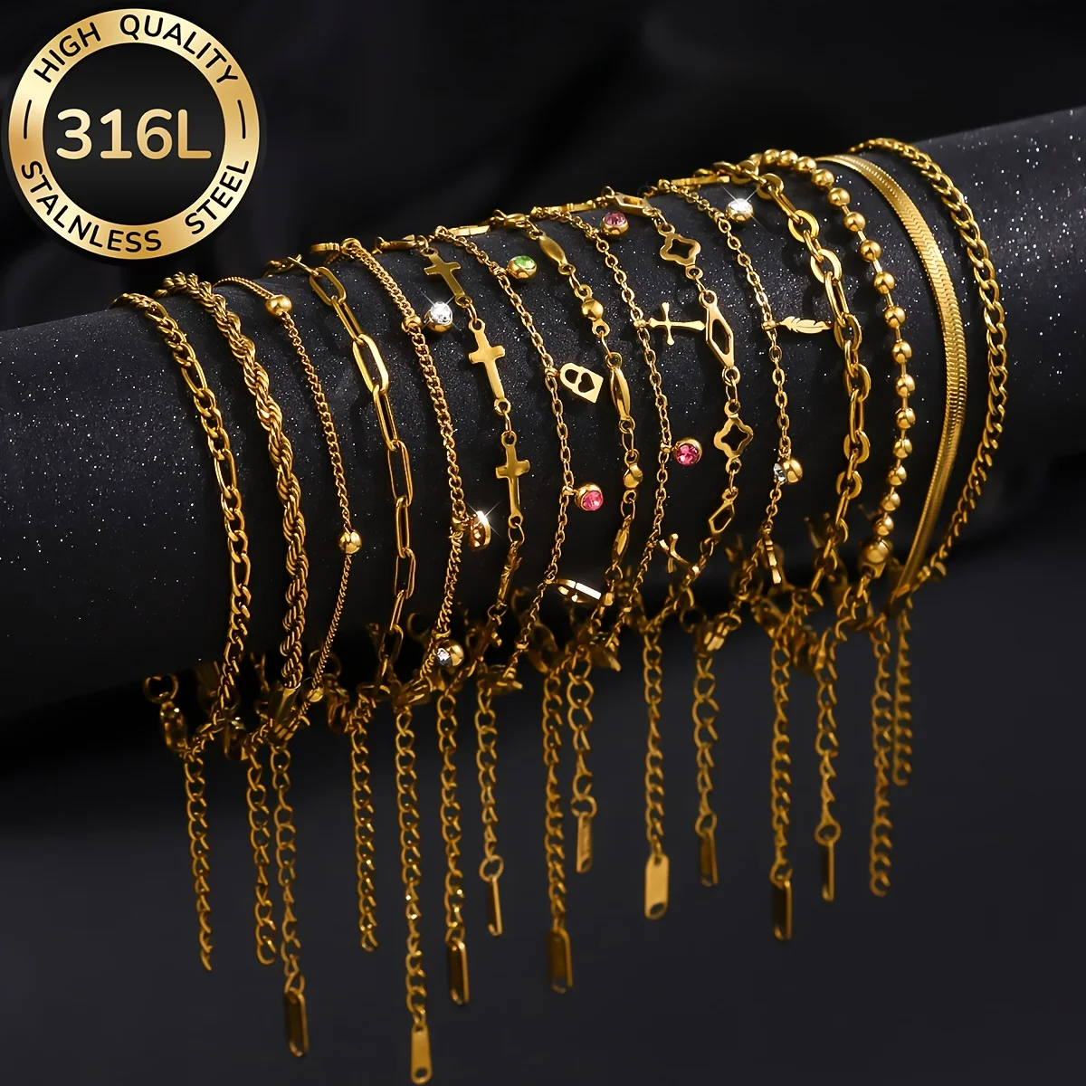 Conjunto aleatorio de 8 pulseras de acero inoxidable chapadas en oro de 18 quilates para mujer, elegantes y lujosas, con un diseño único y con estilo, adecuadas para todas las estaciones.