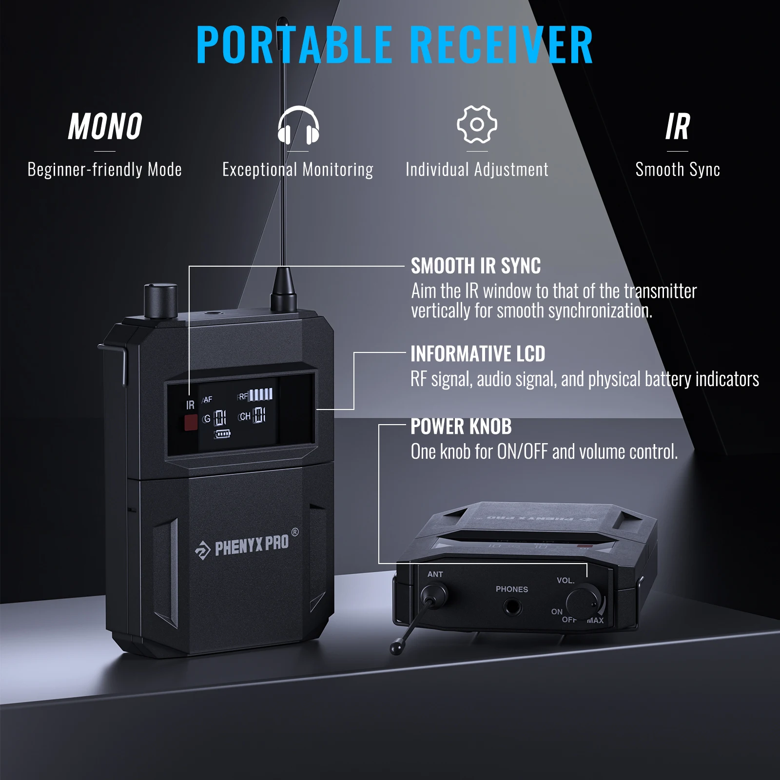 Phenyx Pro Sistema de Monitor intrauditivo inalámbrico Mono, cuatro canales, 500mhz, con 4 salidas de bucle, frecuencias UHF, montaje en Rack para estudio/banda