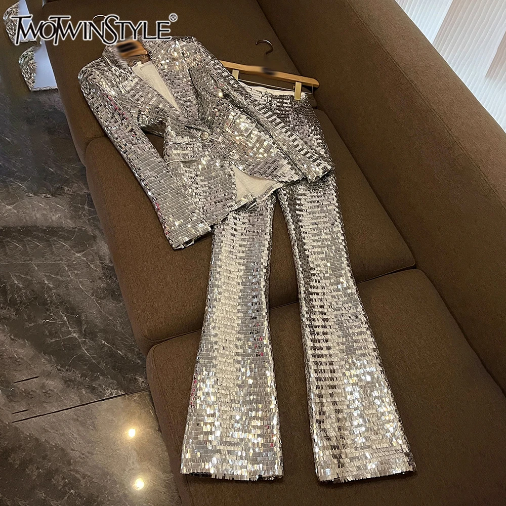 TWOTWINSTYLE, conjuntos de dos piezas de lentejuelas lisas para mujer, solapa, manga larga, pantalones de cintura alta, conjunto elegante, moda femenina KSE527441