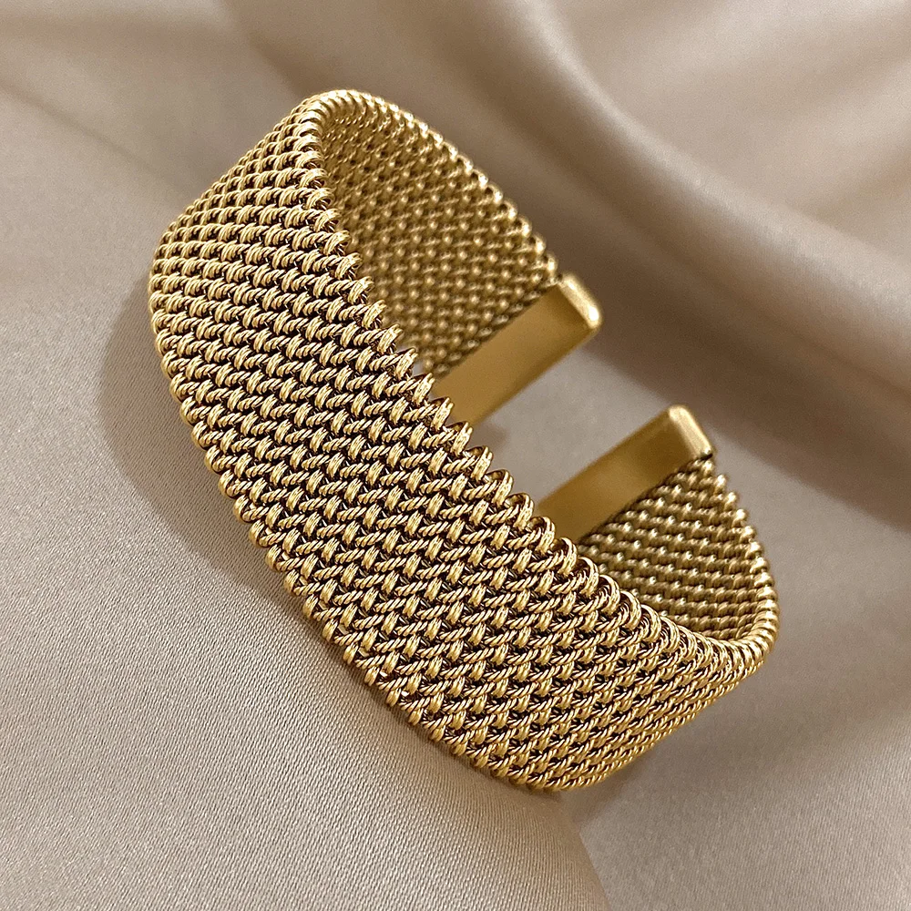 Brazaletes dorados de tejido Vintage para mujer, pulsera gruesa de acero inoxidable elegante a la moda, brazalete resistente al agua, regalos de joyería