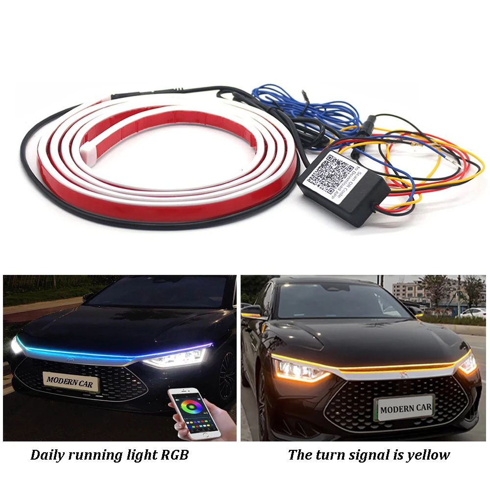 Luz LED de conducción diurna con aplicación dinámica, RGB, colorida, Universal, decorativa, señal de giro, tira de faro para capó de coche