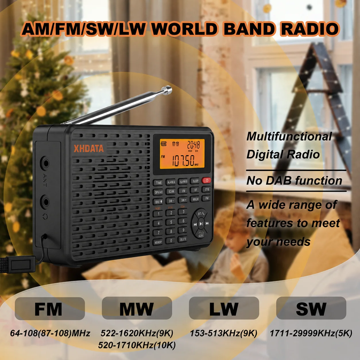 XHDATA D-109 Radio portátil Digital estéreo AM SW MW Radio FM Compatible con Bluetooth Radio multifuncional compatible con reproductor de tarjetas TF