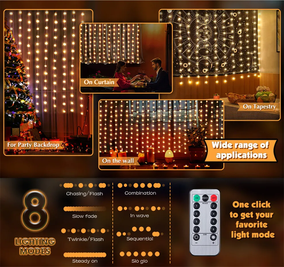 Luces navideñas LED guirnaldas de luces de cortina 8 modos remoto USB adorno decoración navideña para el hogar vacaciones lámpara de Año Nuevo