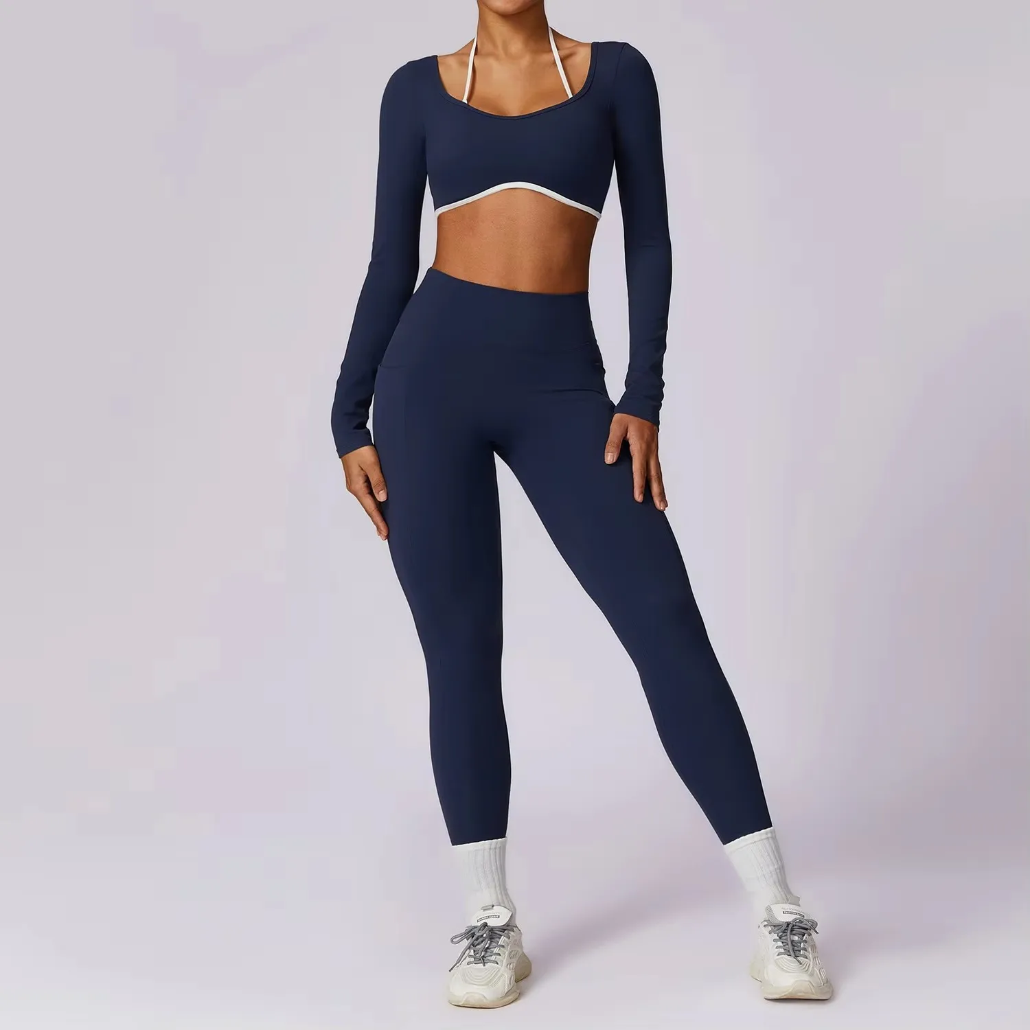 Conjunto de Yoga para mujer, ropa deportiva de realce, ropa de entrenamiento, mallas de gimnasio, sujetador de Fitness, Top corto, trajes deportivos de manga larga, 2 uds.