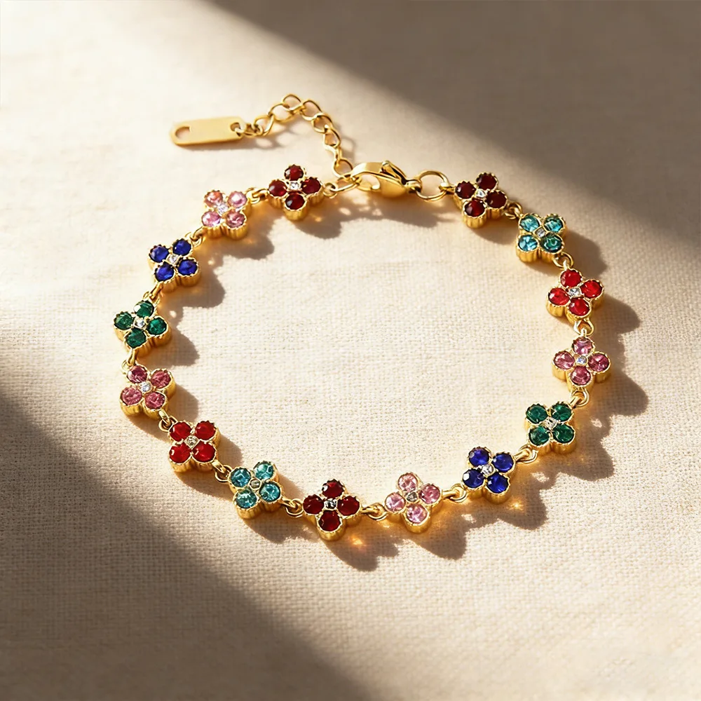 Pulsera de Acero Inoxidable con Cubierta de Flores de Circonia Cúbica de Colores, Ajustable, con Trébol de Cuatro Hojas y Flores de Circonia, Joyería para Mujer