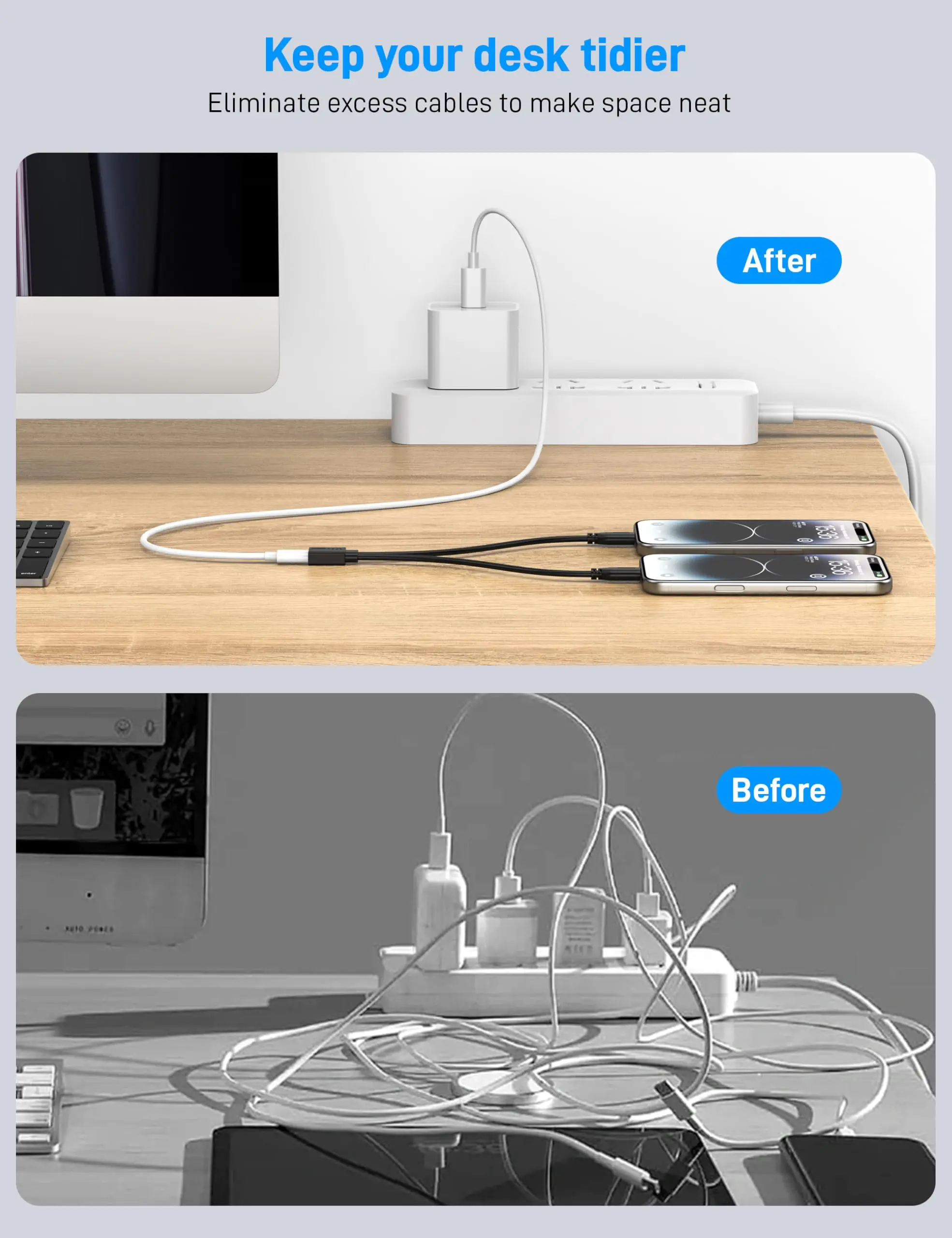 Cable Divisor USB C de 0.3m/1ft, 1 Entrada y 2 Salidas, USB C a Doble Puerto Tipo C Macho, Cable de Extensión para Carga (Solo para Cargar)