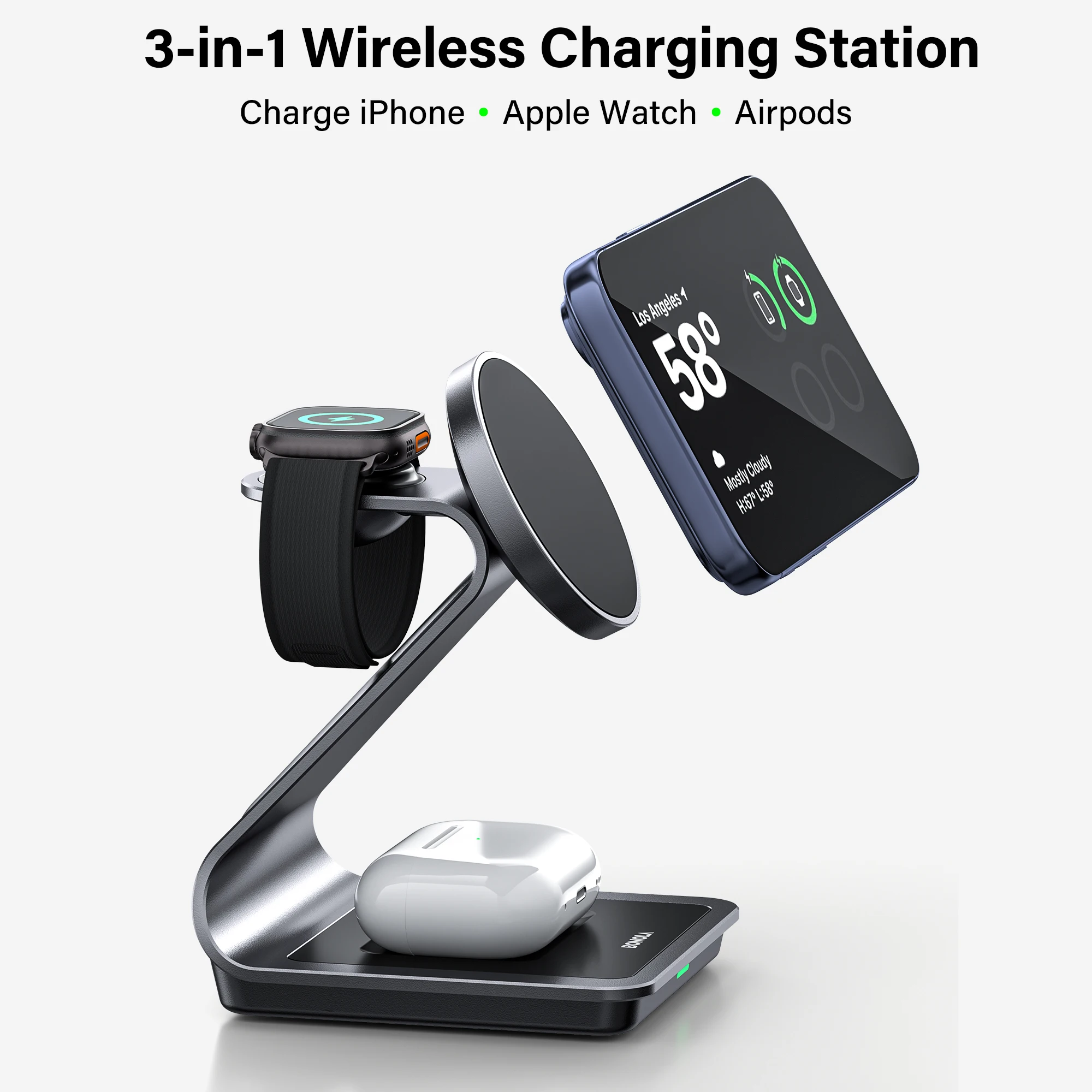 Estación de Carga Inalámbrica Magnética 3 en 1 Bonola para iPhone 17/17 Pro Max/16/15, Carga Inalámbrica de 15W para Apple Watch y AirPods Pro