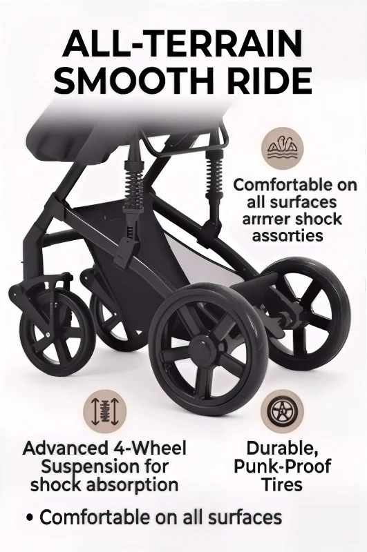 Cochecito de Bebé Multifuncional 3 en 1, Silla de Paseo, Sistema de Viaje Plegable, Diseño de Paisaje Alto, Asiento Reversible, Ruedas con Suspensión Todoterreno, Asiento Reclinable Cómodo, Capota con Protección UV, Marco Ligero con 6 Regalos Gratis