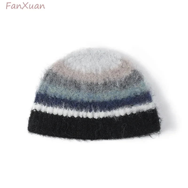 Gorro de punto a rayas para mujer y niña, ropa de calle Y2k, gorro de pescador tejido de lana con rayas degradadas de arcoíris, moda de invierno