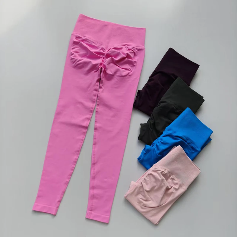 Pantalones deportivos de cintura alta sin costuras para mujer, color melocotón, levantamiento de cadera, deportes, entrenamiento de Yoga, ropa de ejercicio Abdominal ajustada