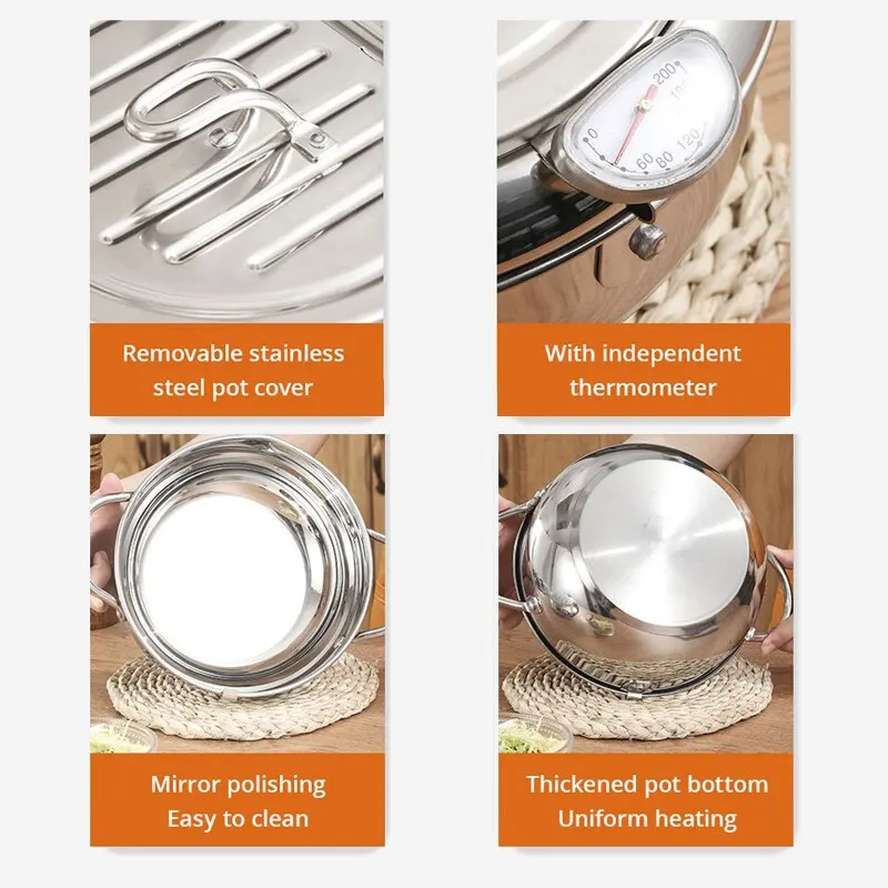 Sartén de aceite de acero inoxidable para el hogar, termómetro con cubierta, freidora de aceite Tempura, pequeña, ahorro de aceite, patatas fritas, 1 unidad